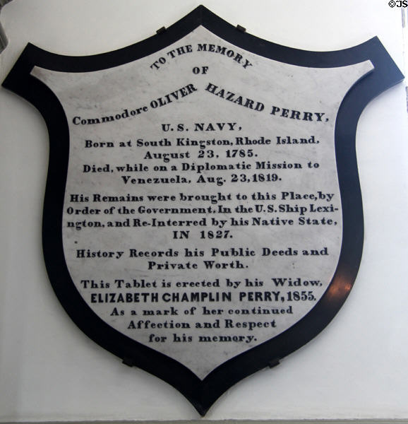 Marble plaque (1855) to Commodore Oliver Hazard Perry, U.S. Navy (1785-1819) at Trinity Church. Newport, RI.