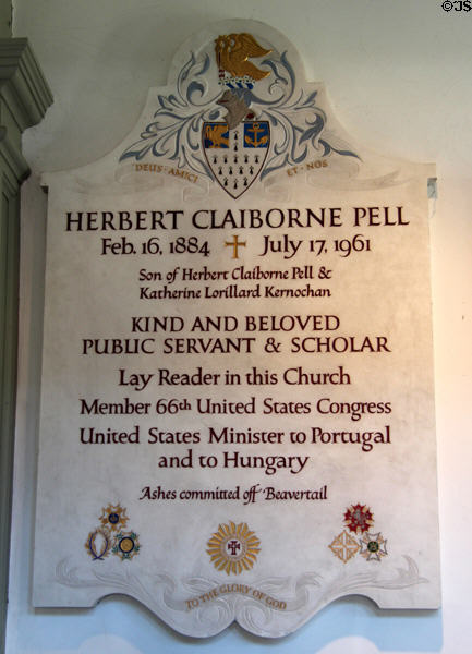 Marble plaque to Herbert Clairborne Pell (1884-1961) U.S. Congressman & diplomat at Trinity Church. Newport, RI.