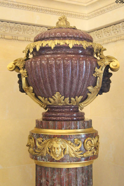 Ormolu-mounted Swedish Porphyry vase (c1895) by Alfred Beurdeley fils, Paris replica of one in Louvre in Great Hall at The Breakers. Newport, RI.