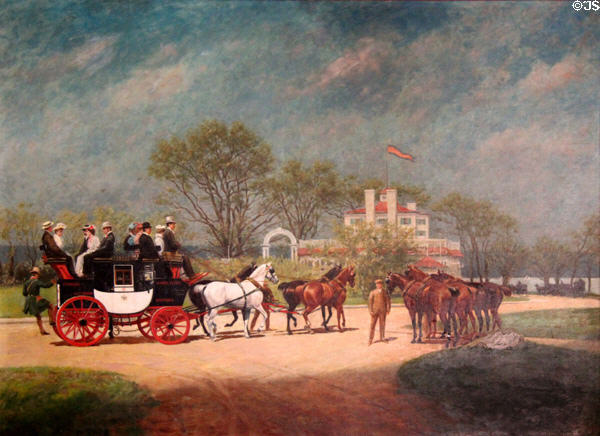 Painting of horse-drawn coach & riders in Billiard Room at The Breakers. Newport, RI.