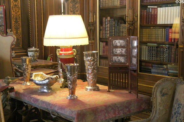 Books of the Vanderbilts & silver vessels in Library at The Breakers. Newport, RI.