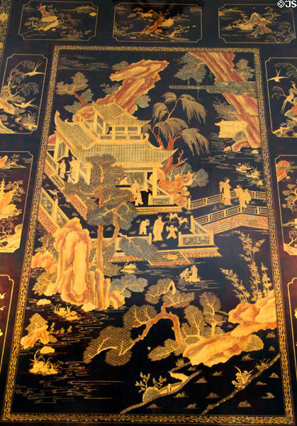 Chinoiserie Breakfast Room lacquer wall panel in style of Kangxi period (1662-1722) at The Elms. Newport, RI.