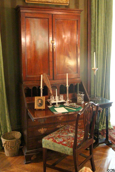 Colonial Revival slant-front desk & bookcase in South Parlor/Sitting Room at Kingscote. Newport, RI.
