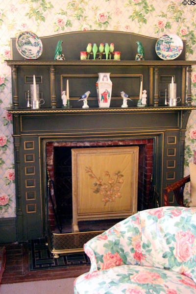 Fireplace with double mantels in Guest Bedroom at Kingscote. Newport, RI.