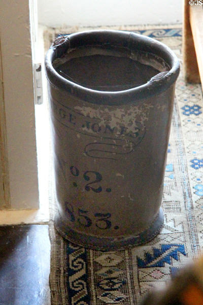 Leather fire bucket (1853) in School Room at Kingscote. Newport, RI.