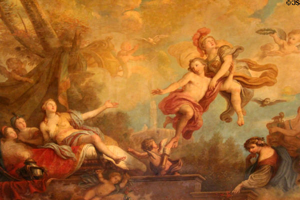 Romantic ceiling painting of Minerva goddess of Wisdom & War taking young man from his love while Cupid holds him back in Gold Room at Marble House. Newport, RI.