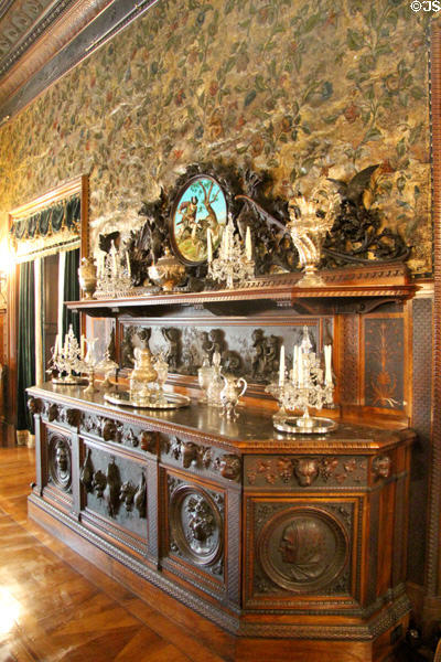 Dining room sideboard with carvings of Bacchus, game birds, fruit & flowers at Chateau-sur-Mer. Newport, RI.