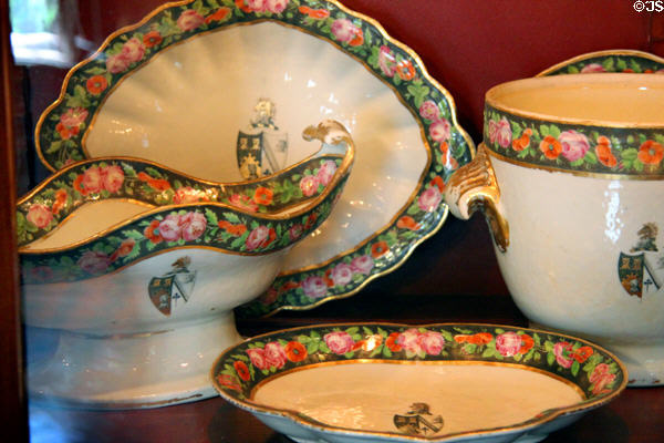 Porcelain service with roses & poppies trim with coat of arms at Chateau-sur-Mer. Newport, RI.
