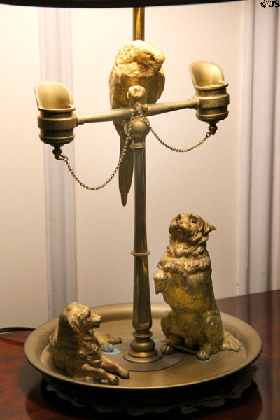 Bronze lamp base with parrot & dogs at Chepstow. Newport, RI.