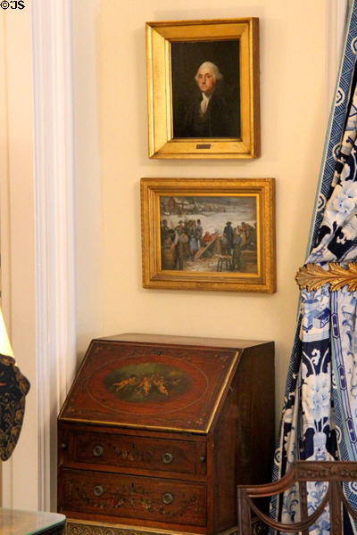 Portrait of George Washington by Jane Steward over painted drop-front desk at Chepstow. Newport, RI.
