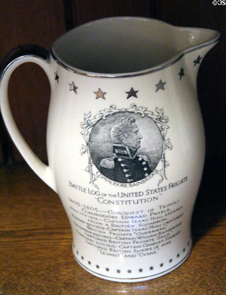 Battle Log of U.S. Frigate Constitution with portrait of Commodore Bainbridge creamware pitcher (1825-50) at Chepstow. Newport, RI.