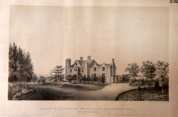 Malbone Place, house designed by Alexander Jackson Davis, the Newport Residence of J. Prescott Hall graphic (1857) by J.P. Newell at Chepstow. Newport, RI.