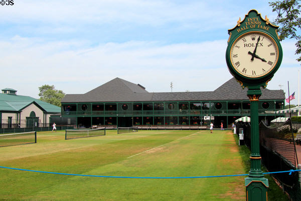 Courtyard grass tennis courts & street clock at Newport Casino. Newport, RI.