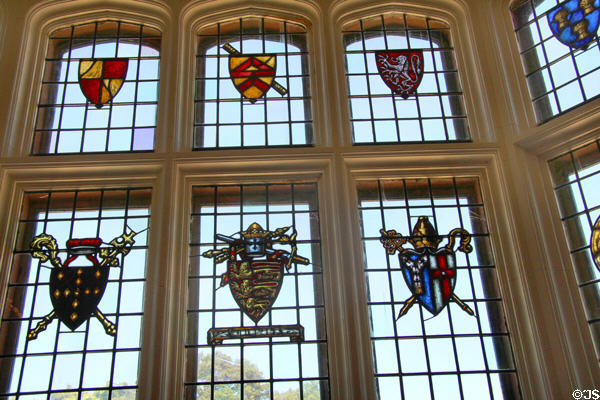 Stained glass windows with crests of Magna Carta signatories installed by Horace Trumbauer during renovations(1922-3) at Rough Point. Newport, RI.