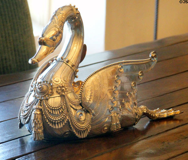 Silver centerpiece in shape of swan (1874) by Tiffany & Co. at Rough Point. Newport, RI.