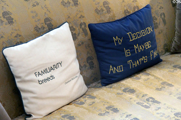 "Familiarity breeds" & "My Decision is Maybe and That's Final" pillows in Morning Room at Rough Point. Newport, RI.
