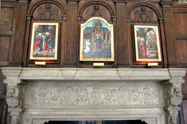 3 German religious paintings (16thC) show Sts. Peter & Paul surrounded by a crowd of Roman Soldiers; St Julian the Hospitaler with a Carthusian Monk; Peter & Simon Magus before Emperor Nero in Rome, above a sorcerer and two devils at Rough Point. Newport, RI.