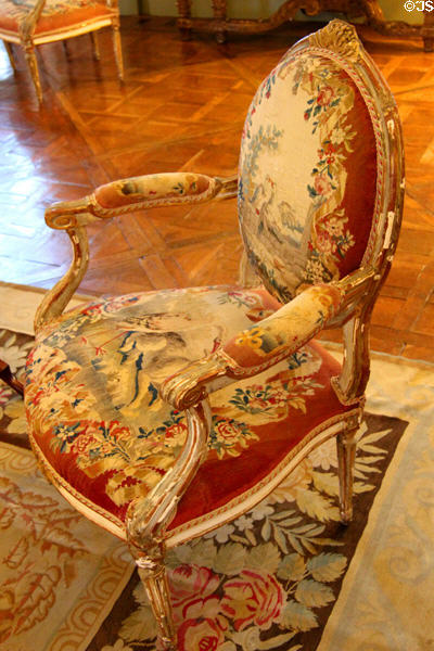 Chair by Jean Baptiste Lelarge of France featuring Aubusson tapestry of fables of La Fontaine (c1780) in Music Room at Rough Point. Newport, RI.