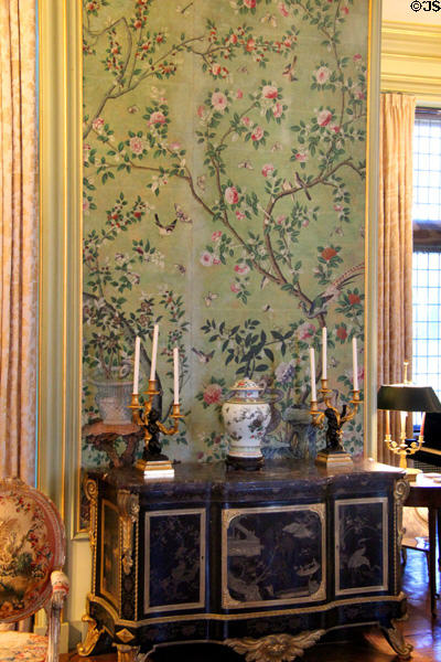 Antique hand-painted Chinese wallpaper over Louis XV/XVI ebony & lacquer cabinet (late 19thC) in Music Room at Rough Point. Newport, RI.