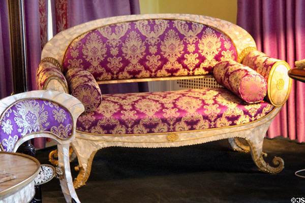 Settee & chair made of mother of pearl & upholstered with purple brocade by Johann Tanzwohl of Austria (c1820) at Rough Point. Newport, RI.