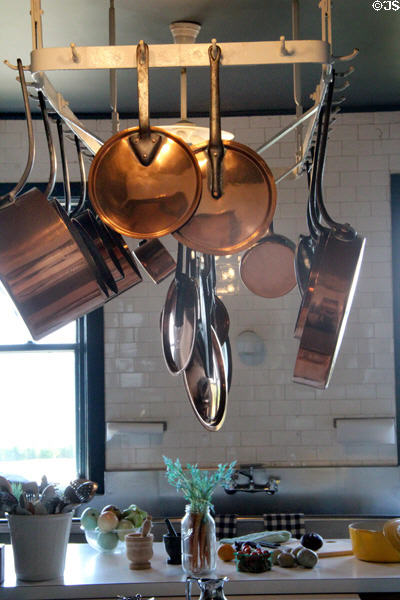 Copper pans in kitchen at Rough Point. Newport, RI.