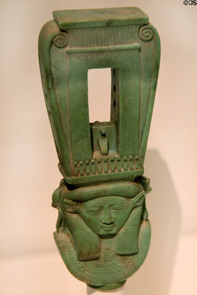 Egyptian faience ritual rattle (664-525 BCE, 26th dynasty) at RISD Museum. Providence, RI.