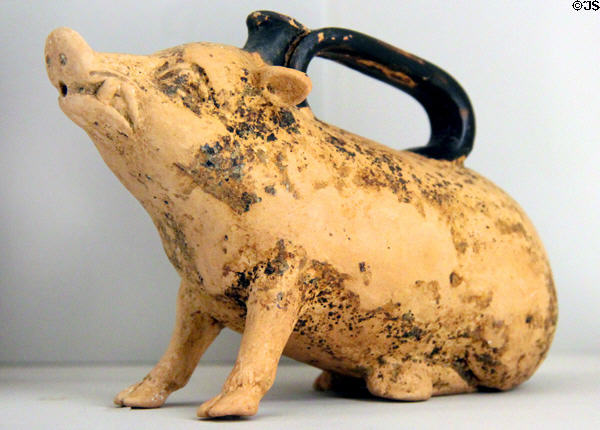 Greek terracotta oil container in form of boar (late 4th- early 3rdC BCE) from Apulia, Southern Italy at RISD Museum. Providence, RI.
