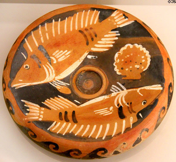 Greek terracotta red-figure fish plate (360-320 BCE) from Campania, Southern Italy at RISD Museum. Providence, RI.