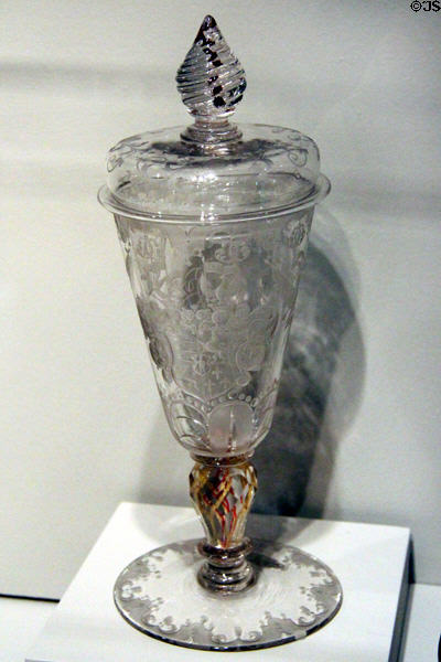 Engraved glass stemmed cup with cover (1700-20) from Bohemia at RISD Museum. Providence, RI.