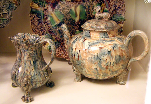 Staffordshire agateware earthenware teapot & cream pitcher (c1760-70) at RISD Museum. Providence, RI.