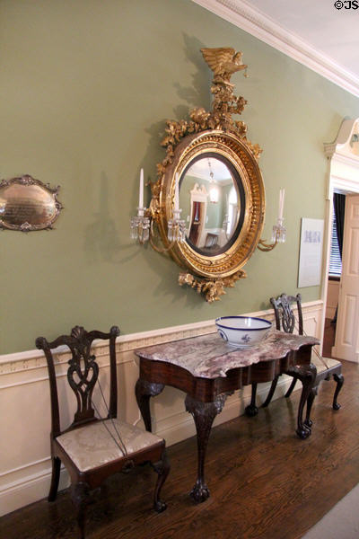 Slab table (c1750-70) & side chairs (c1755-75) all from Philadelphia plus Chinese export punch bowl (c1780-99) & English looking glass (c1800-10) in Pendleton House at RISD Museum. Providence, RI.