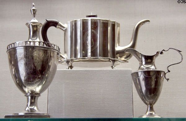 Silver sugar bowl (1800) attrib. David Hall of Lancaster, PA; teapot (c1790) by Thomas Pons of Boston, MA; & cream pitcher (c1790) by Seril Dodge of Providence, RI at RISD Museum. Providence, RI.