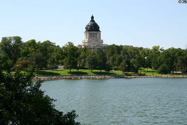 South Dakota State Capitol over Capitol Lake. Pierre, SD.