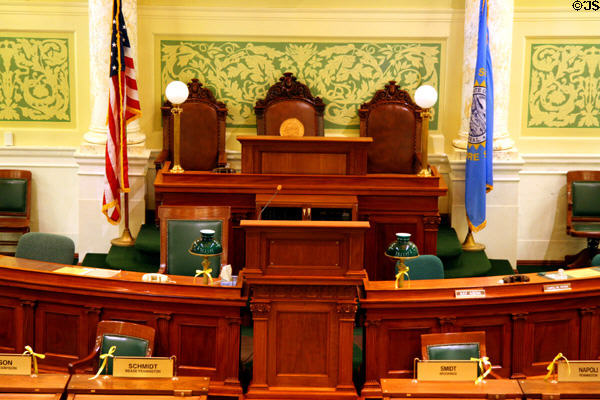 Front desks of Senate chamber of South Dakota State Capitol. Pierre, SD.