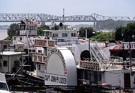 Riverboats on Mississippi River with Interstate 55 bridge. Memphis, TN.