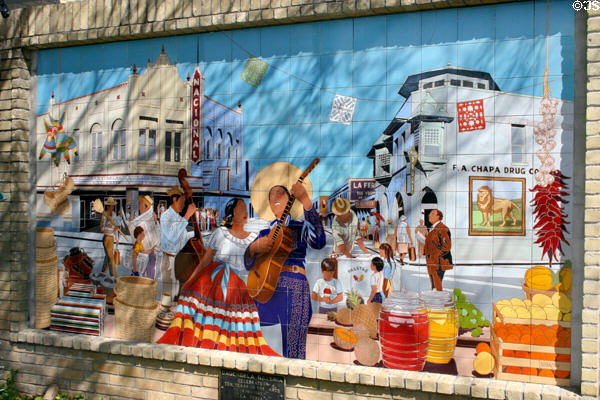 Mural at entrance to El Mercado or Market Square, a Mexican-style crafts & food market at Santa Rosa & Commerce. San Antonio, TX.