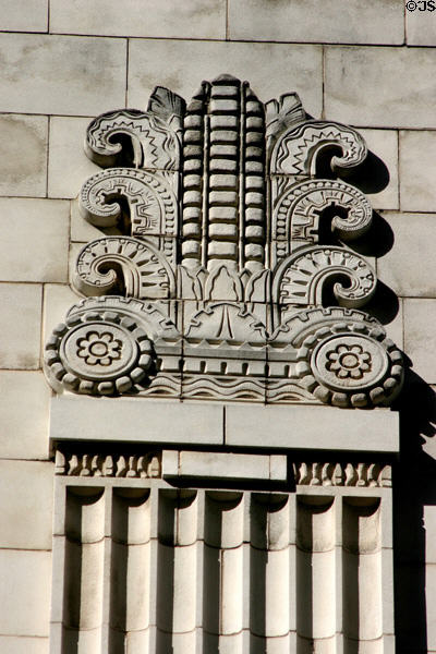 Carved capitol detail with Mayan motifs of Frost Brothers building. San Antonio, TX.