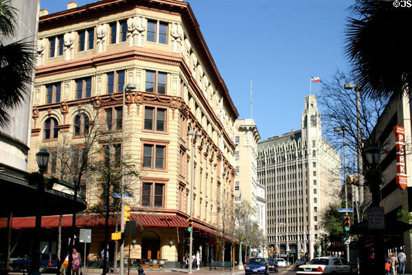 View along East Houston with G. Bedell Moore & Emily Morgan Hotel buildings. San Antonio, TX.