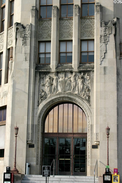 San Antonio Express News Building entrance with carvings (1929) by Pompeo Coppini. San Antonio, TX.