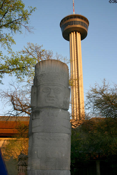 Native totem carved stone at Mexican Cultural Institute in HemisFair Park. San Antonio, TX.