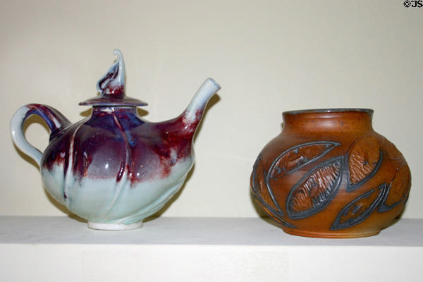 Teapot (2004) by Kevin Finegan & carved vase (2004) by Sara Katherine Boyd in Southwest Crafts Center. San Antonio, TX.