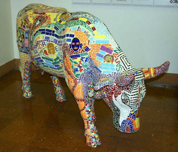 Mosaic covered cow sculpture in Central Library part of the Art in San Antonio project. San Antonio, TX.