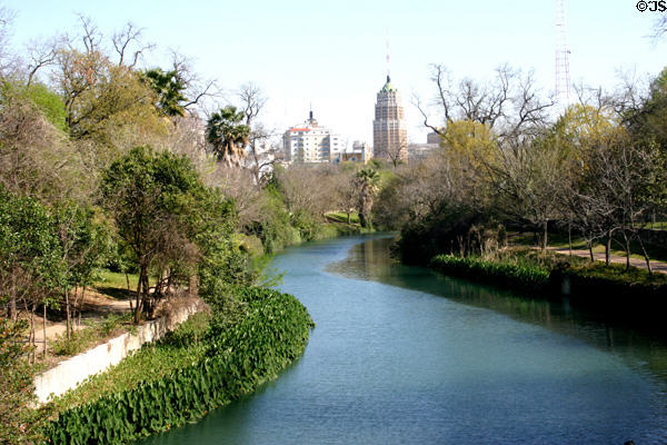 View of Riverwalk in King William district to downtown. San Antonio, TX.