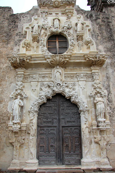Mission San José carved Baroque entry facade. San Antonio, TX.