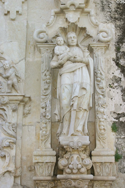 Mission San José carved Madonna & Child over portal. San Antonio, TX.