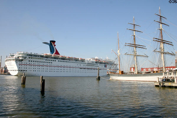 Cruise ship Ecstacy passes barque The Elissa. Galveston, TX.