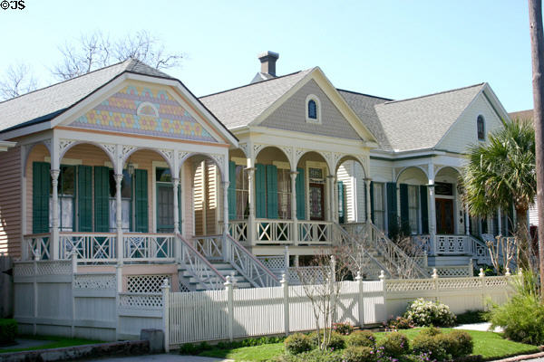Elevated small houses (c1894) (1709, 11 & 15 Ball). Galveston, TX.