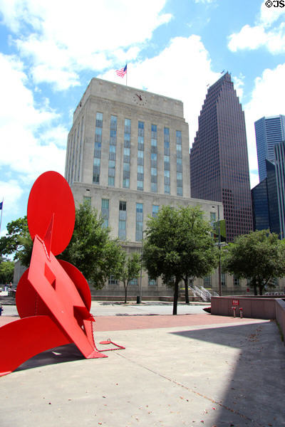 Houston City Hall in modern skyline. Houston, TX.
