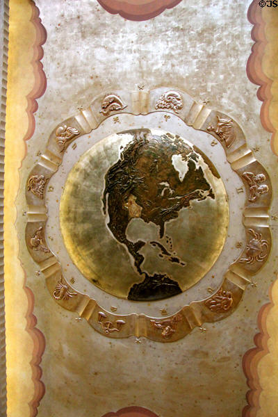 Ceiling relief map highlighting Houston, TX surrounded by signs of zodiac at Houston City Hall. Houston, TX.