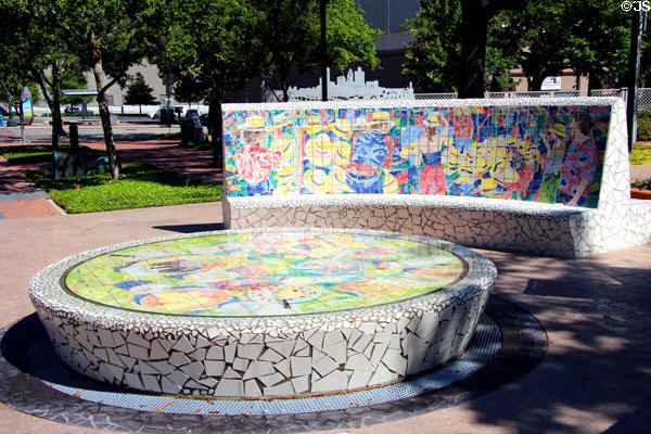 Mosaic fountain & benches of hand-painted ceramic tiles (1991 & 2000) by Malou Flato in Market Square Park. Houston, TX.